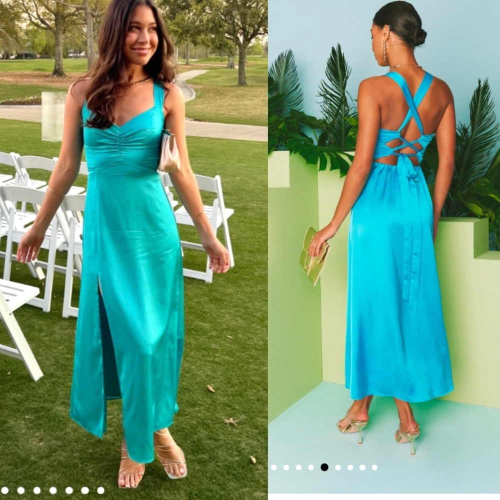 Show Me Your Mumu Teal Satin Midi Dress